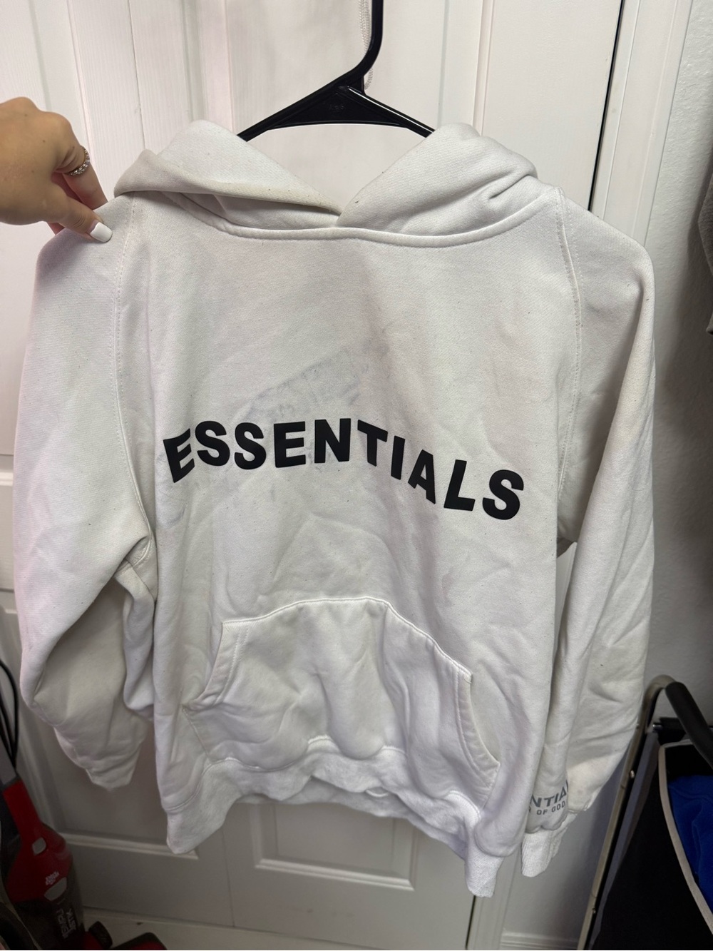 Fear of God Essentials White and Black Logo Crewneck Hoodie